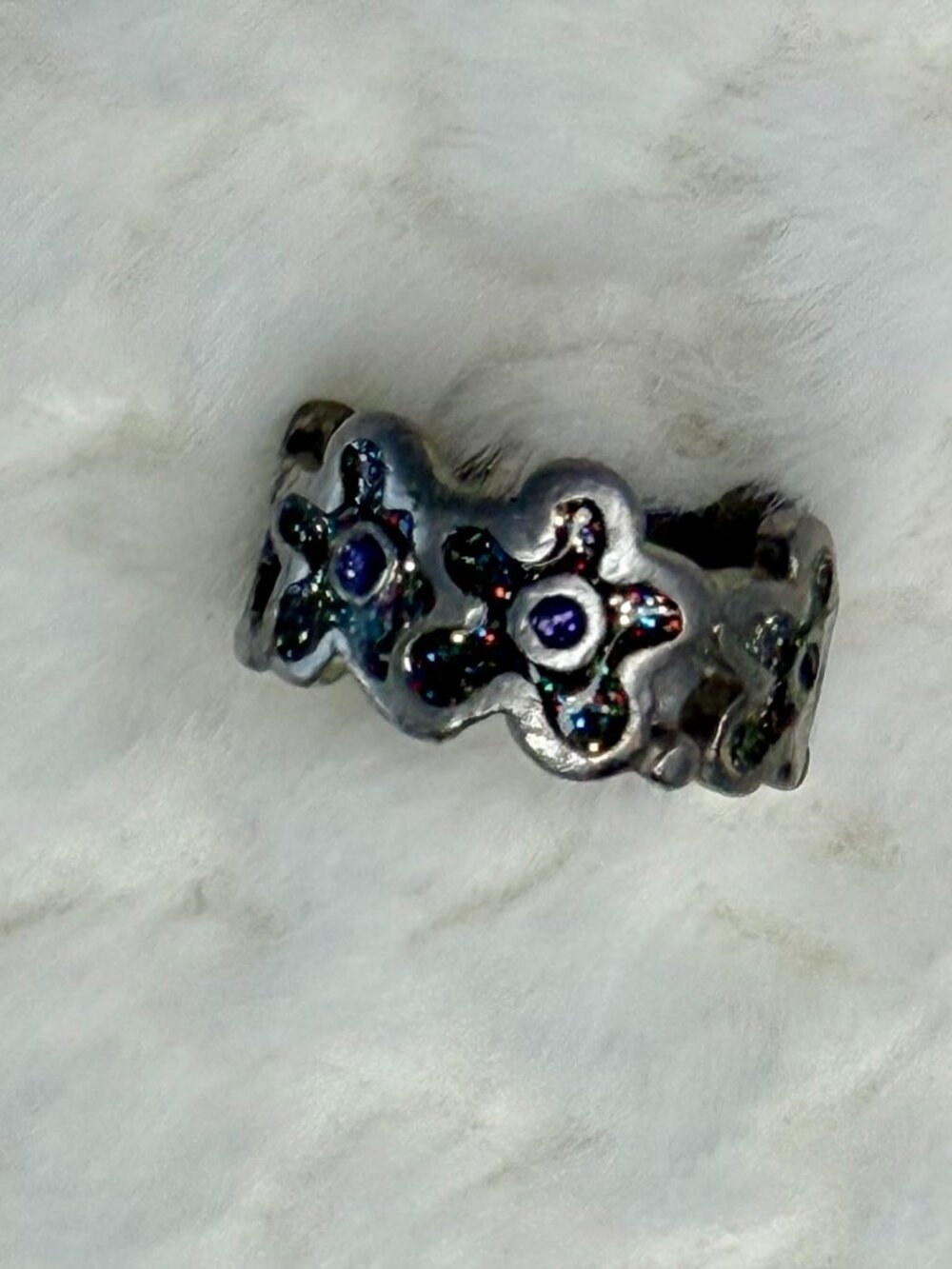 Vintage 90s Silver Tone Glitter Flower Ring Size 7